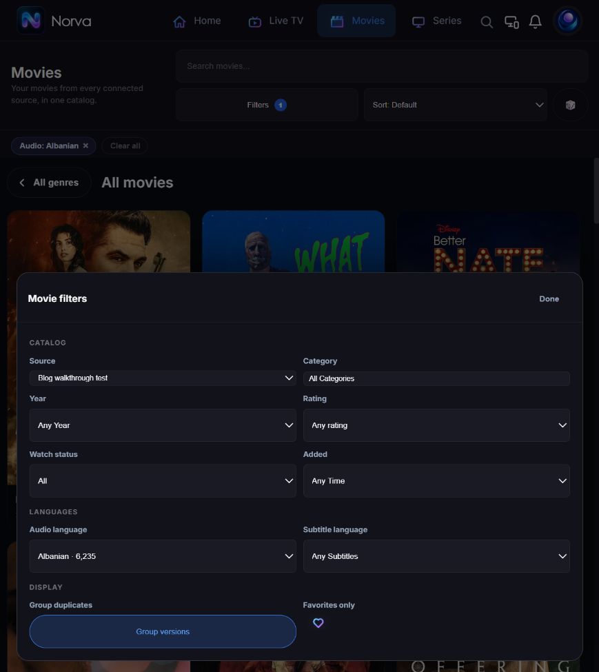 The Norva web Movie filters panel showing source, category, year and language controls, with Albanian selected.